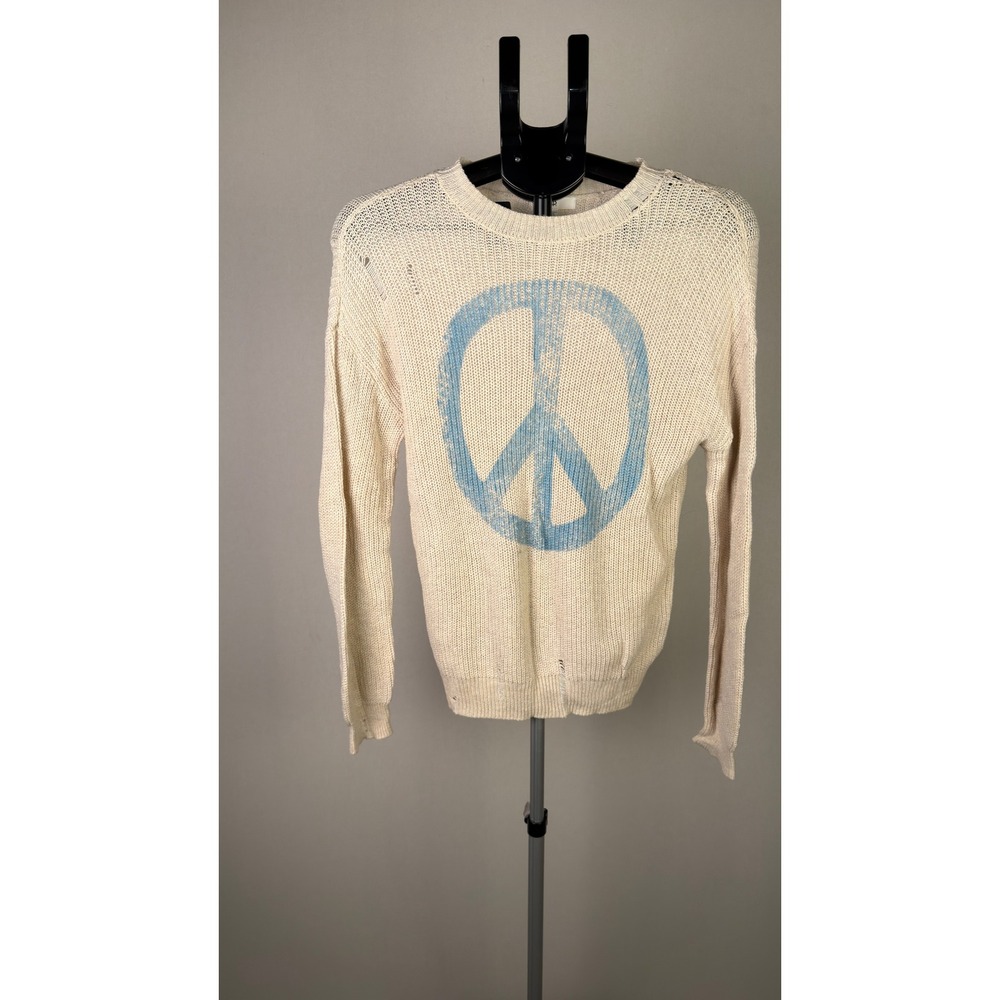 BP Nordstrom Peace Sign Distressed Knit Sweater Ivory Blue XS 1720